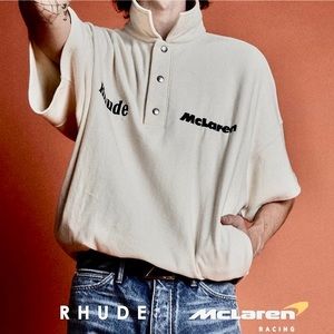 🆕 RHUDE McLaren Embroidered Graphic Print Collared Polo Shirt off white w tags